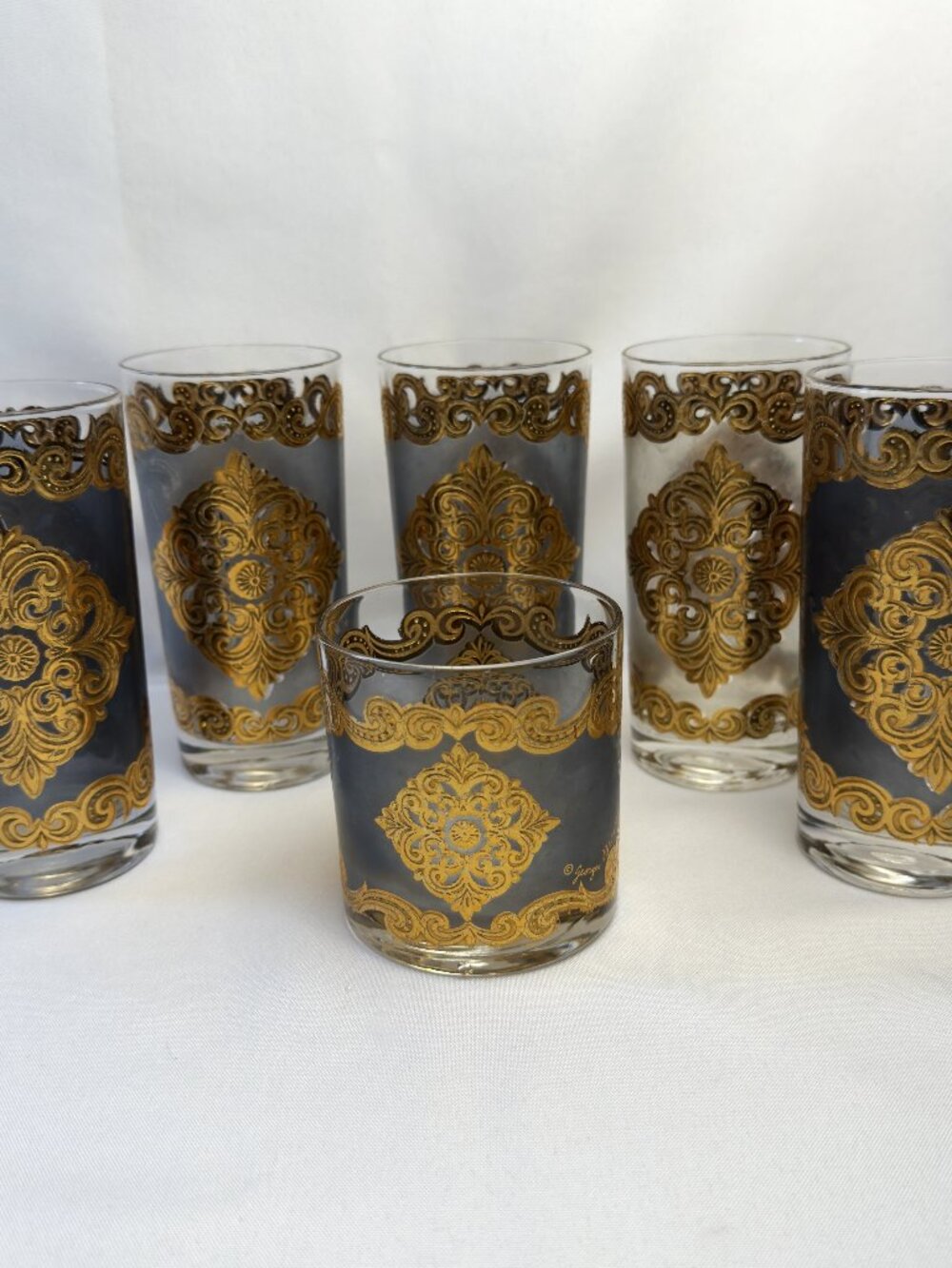 Briard Gold Filigree Vintage Tumblers Smoke/Charcoal/Graphite Barware 6 pcs.